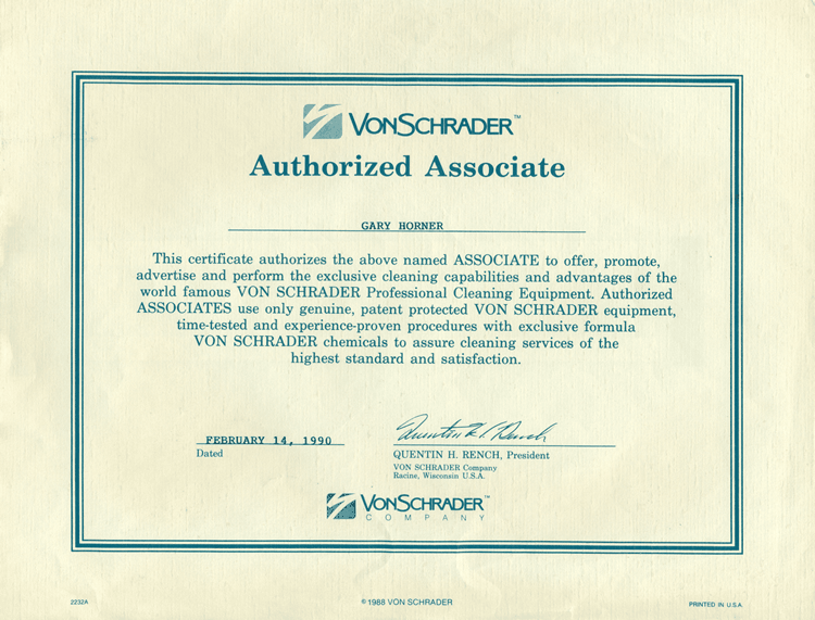 Von Schrader Authorized Associate Certificate